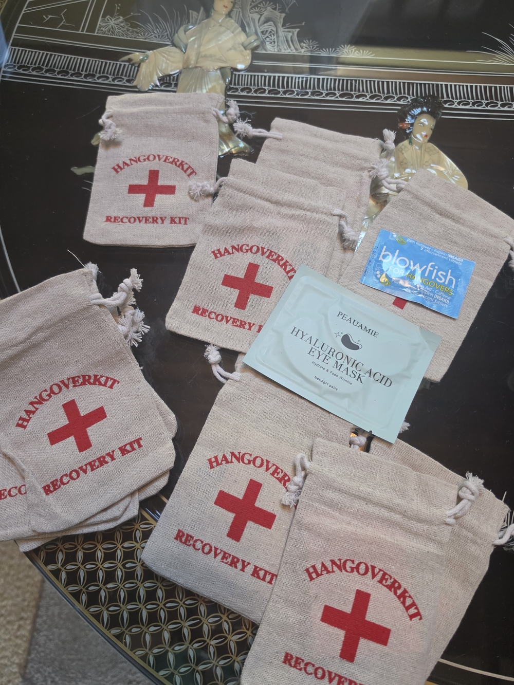 HangoverKit Recovery Kit Drawstring Pouch - Beige with Red Cross